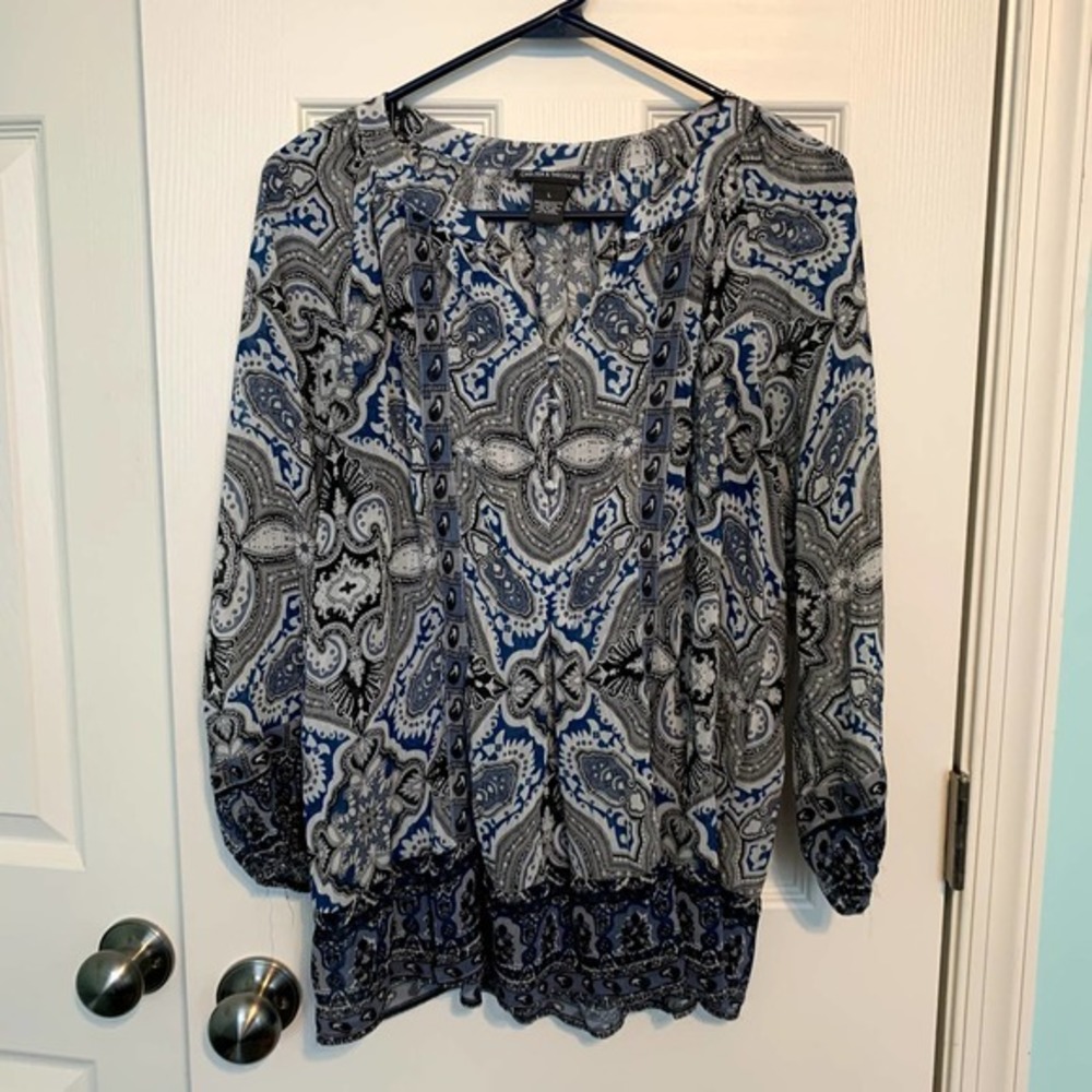 Chelsea & Theodore Blue Floral Long Sleeve Tunic Women's Size Large